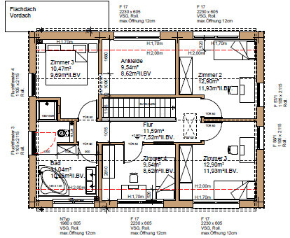 2D-Hausgrundriss zeigt Flur, Zimmer, Bad, Küche und Treppen