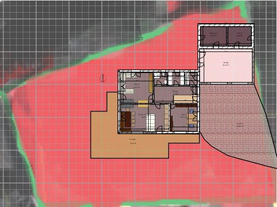2D-Grundriss eines Hauses mit Zimmern, Fluren und Außenfläche