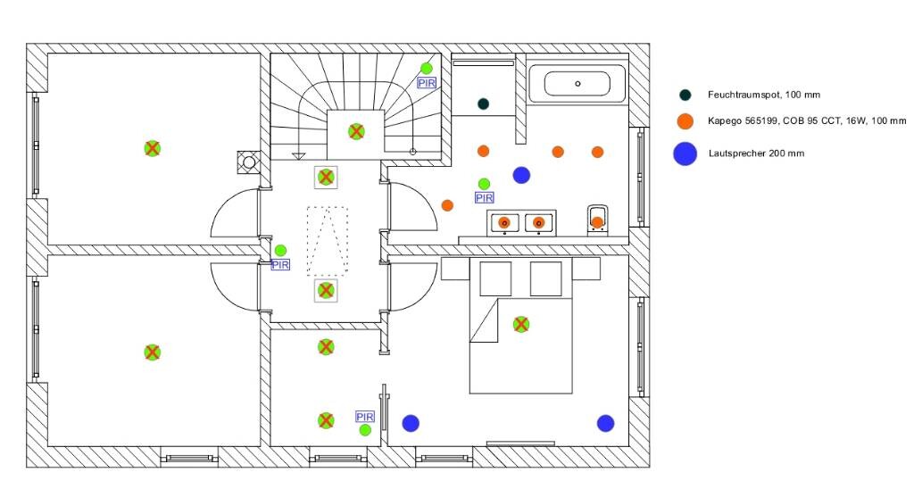 Grundriss eines Hauses mit grünen Feuchtraumspots, orange LEDs und blauen Lautsprechern.