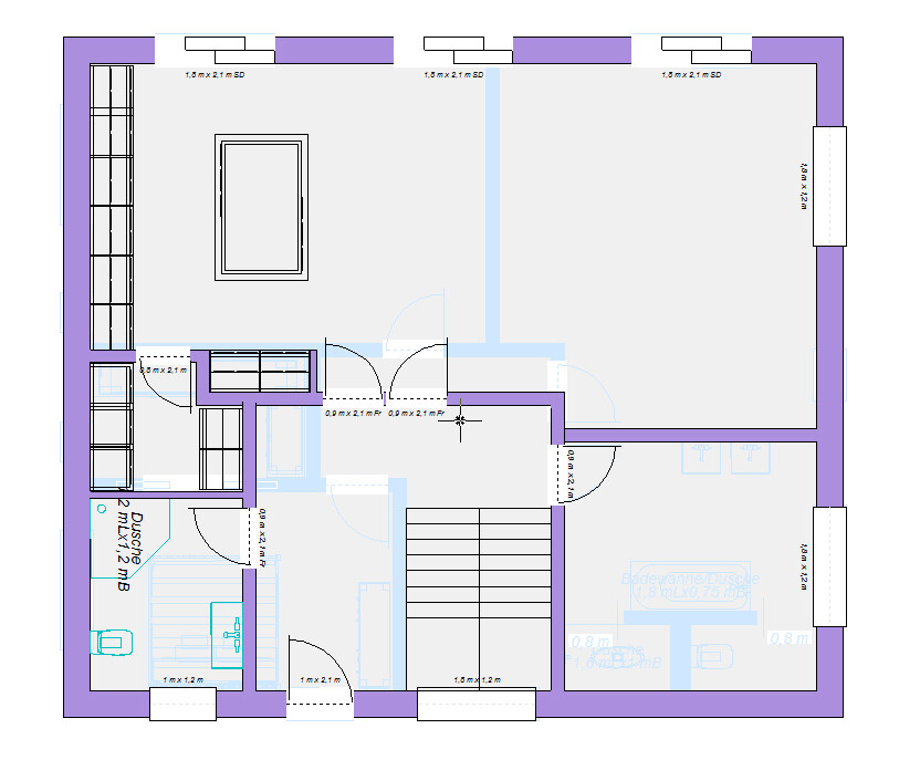 Grundriss eines Hauses mit mehreren Räumen, Türen, Treppen und violetten Wänden.