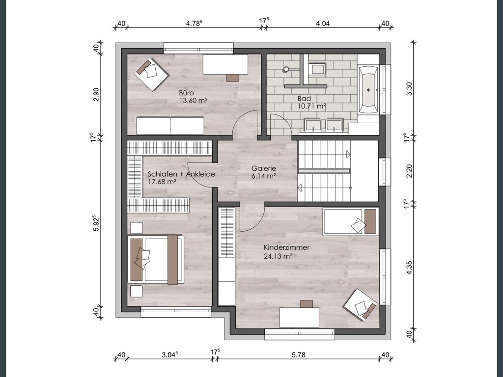 2D-Grundriss eines Hauses mit Büro, Bad, Schlafzimmer und Kinderzimmer