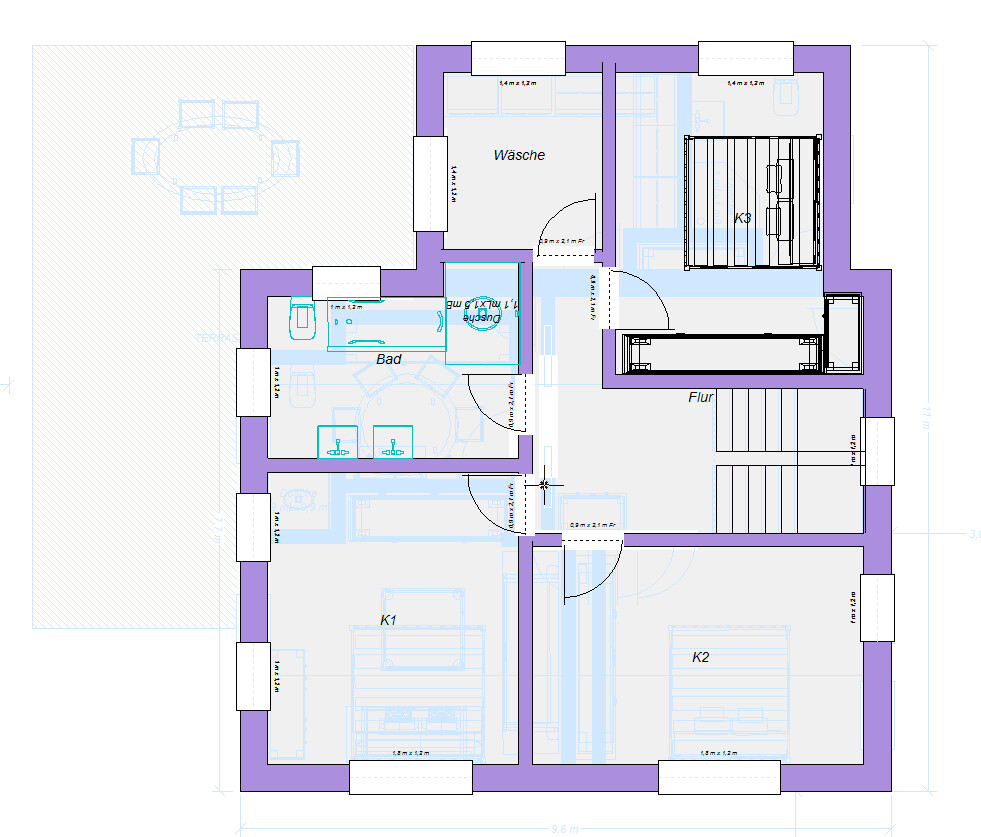 Grundriss eines Hauses mit drei Schlafzimmern (K1-K3), Bad, Wäsche, Flur und Treppenhaus.