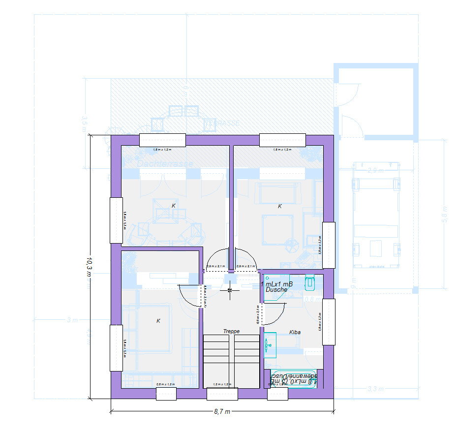 Grundriss eines Hauses mit zentraler Treppe, mehreren Zimmern und Bad mit Dusche.