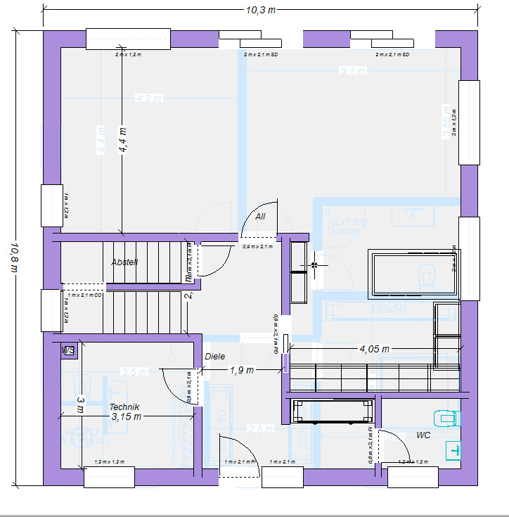 Grundriss eines Hauses mit Treppen, Technik, Diele, Abstell, WC; Maßangaben.