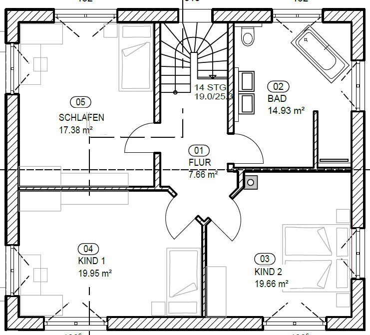 Grundriss eines Hauses: zentraler Flur mit Treppenaufgang, Schlafzimmer, Bad und zwei Kinderzimmer.