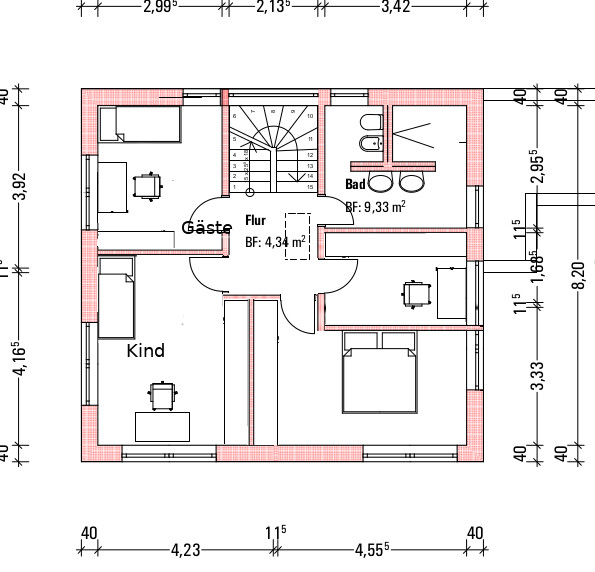 2D-Grundriss eines Einfamilienhauses mit Flur, Bad, Gäste- und Kinderzimmer
