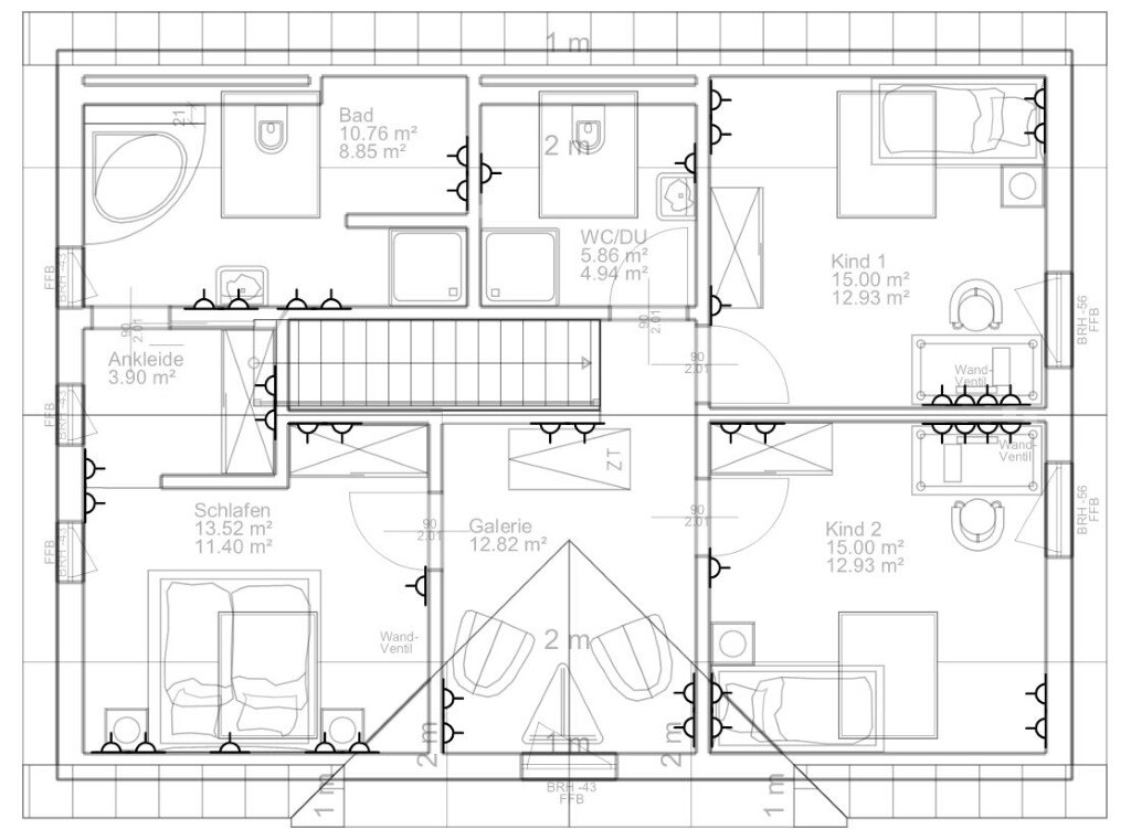 2D-Hausgrundriss mit Schlafzimmer, Kinderzimmern, Bad, Flur und Treppen