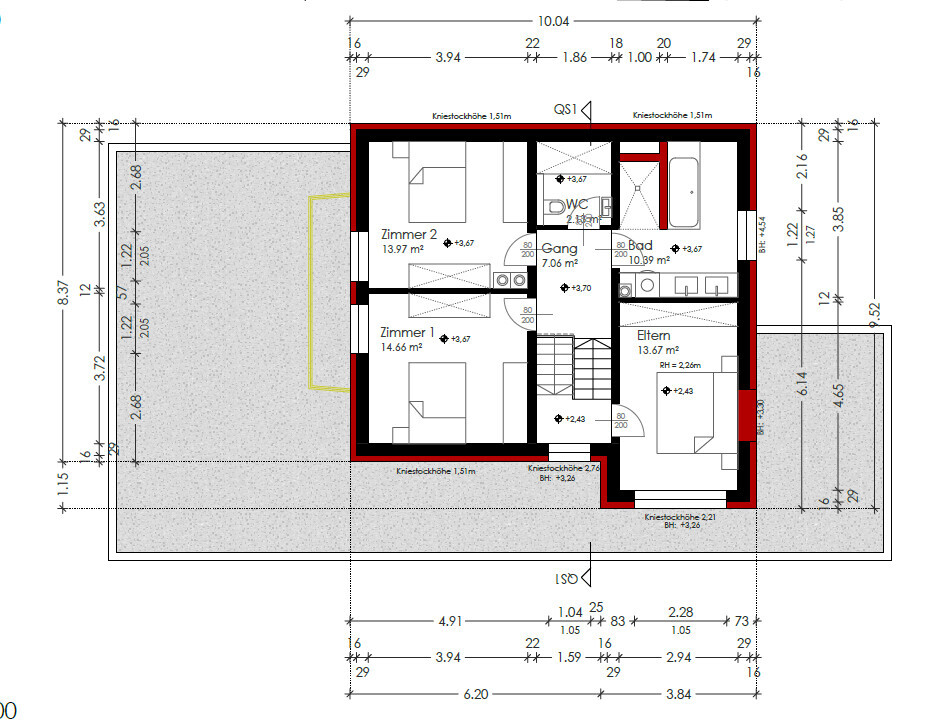 2D-Grundriss eines Hauses mit Zimmern, Bad, WC, Gang und Außenbereich