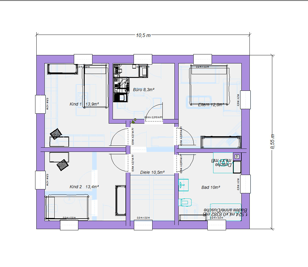 Grundriss eines Wohnhauses: Diele, Bad, Büro, Kind 1, Kind 2; Maße 10,5 × 8,55 m.