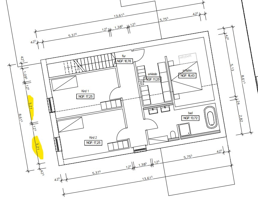 Grundriss eines Hauses: zwei Kinderzimmer, Flur, Ankleide, Bad, Schlafzimmer mit Babybett, Treppe.