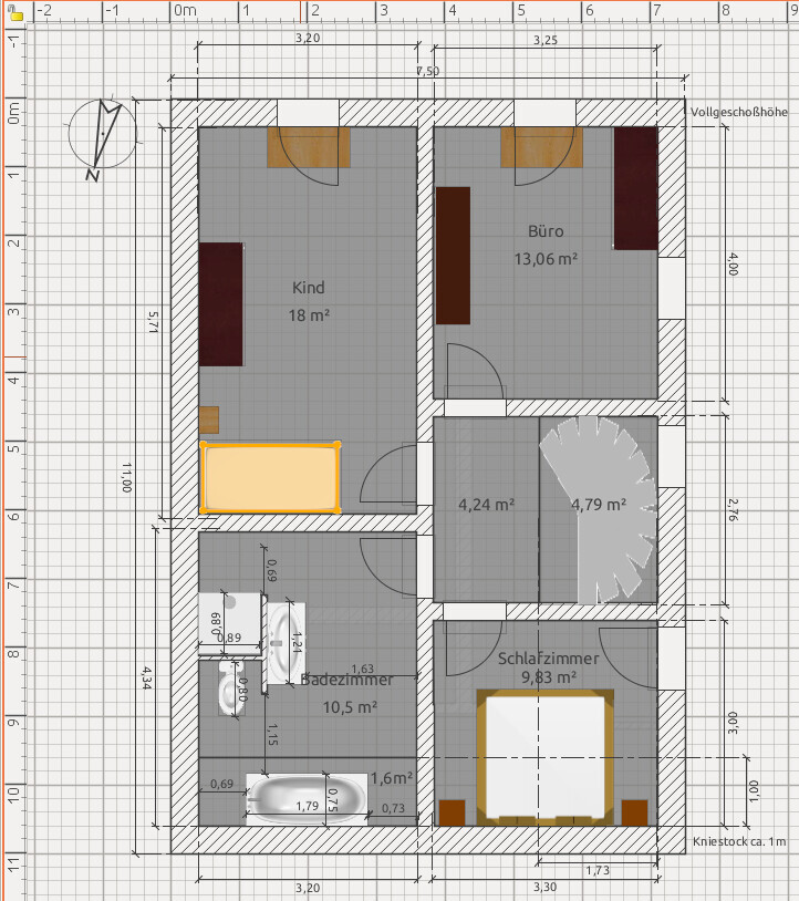Draufsicht-Grundriss eines Hauses mit Kind-, Büro-, Schlafzimmer-, Badezimmern, Fluren.