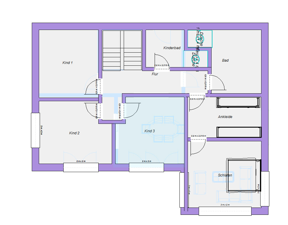 Grundriss eines Hauses mit drei Kinderzimmern, Schlafzimmer, Ankleide, Bad, Flur, Kinderbad.