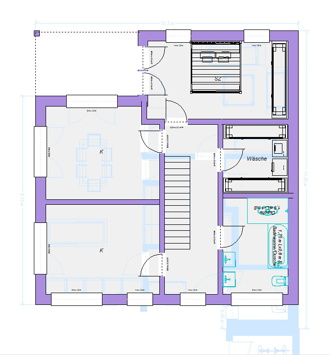 Grundriss eines Hauses: Treppenhaus, Küche, Esszimmer, Schlafzimmer, Bad, Waschküche.