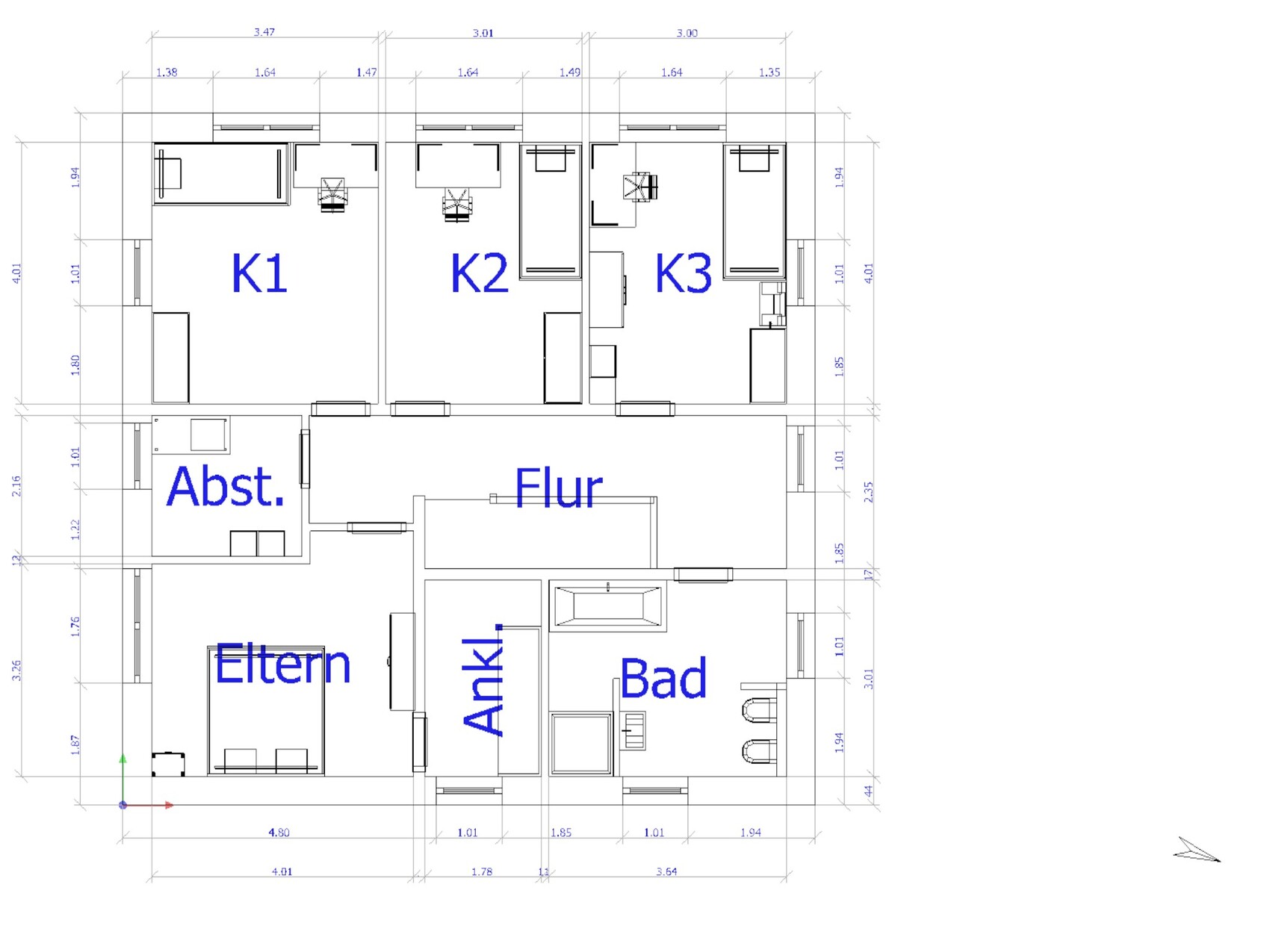 Grundriss eines Hauses: Flur, Eltern, Bad, Ankleide, Abstellraum, K1-K3.