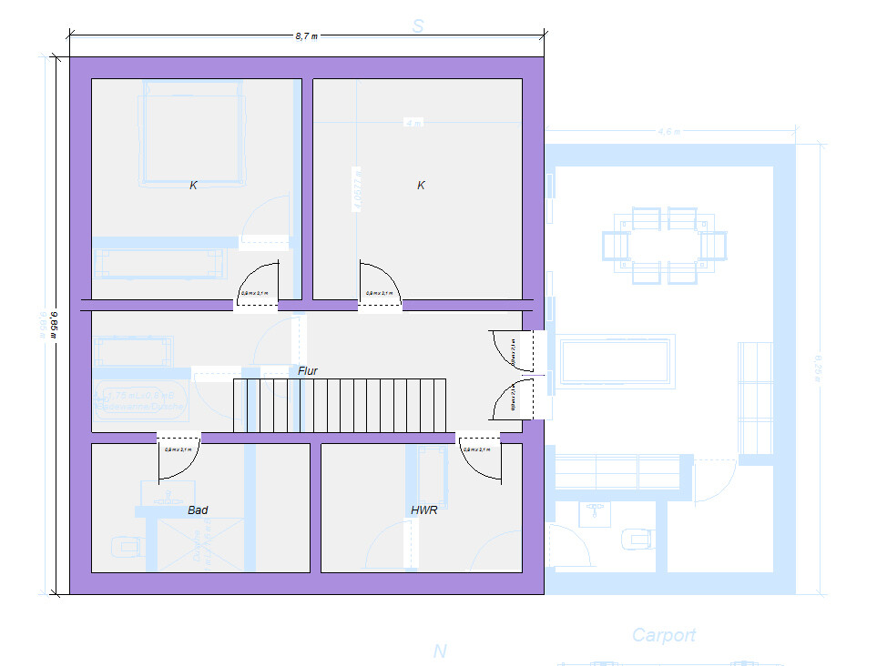 Grundriss eines Hauses: Flur, zwei Zimmer (K), Bad, HWR, Wohnzimmer mit Essbereich, Carport.