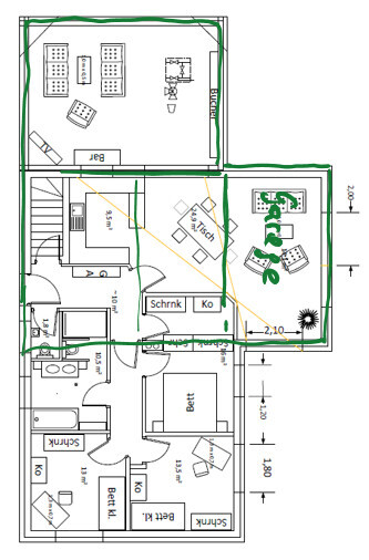 2D-Grundriss eines Hauses mit Möbeln, Küche, Schlafzimmer und Bad.