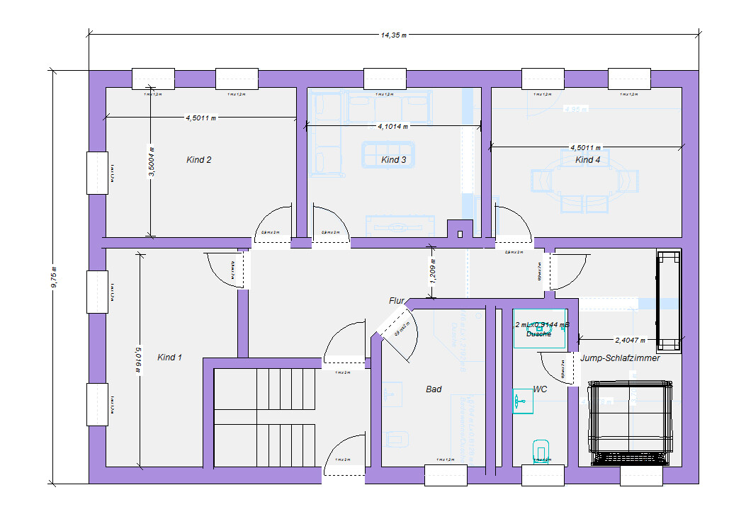 Grundriss eines Hauses: 4 Kinderzimmer, Flur, Bad, WC, Dusche, Jump-Schlafzimmer.