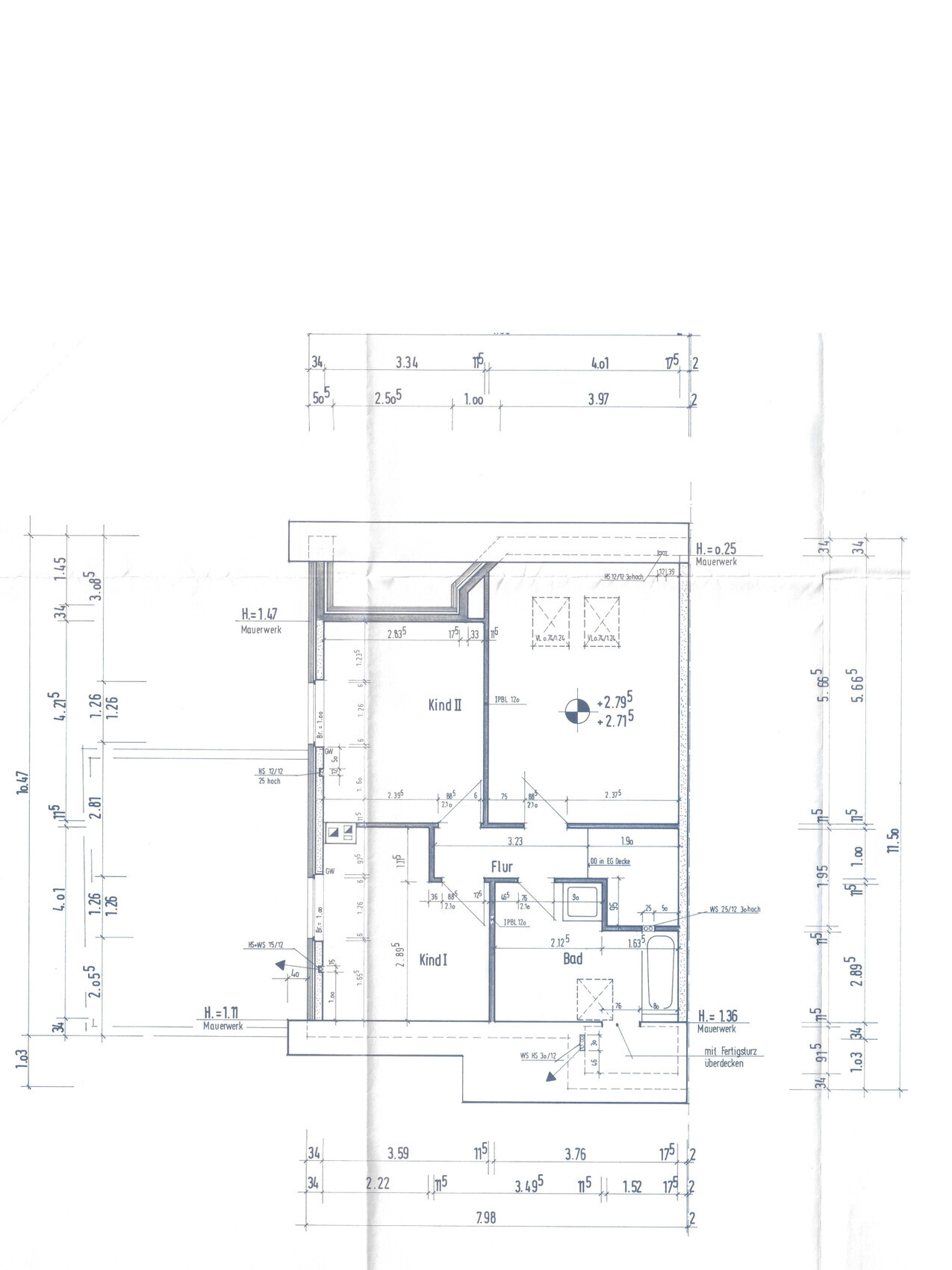 Grundriss eines Hauses mit Kind I, Kind II, Bad und Flur