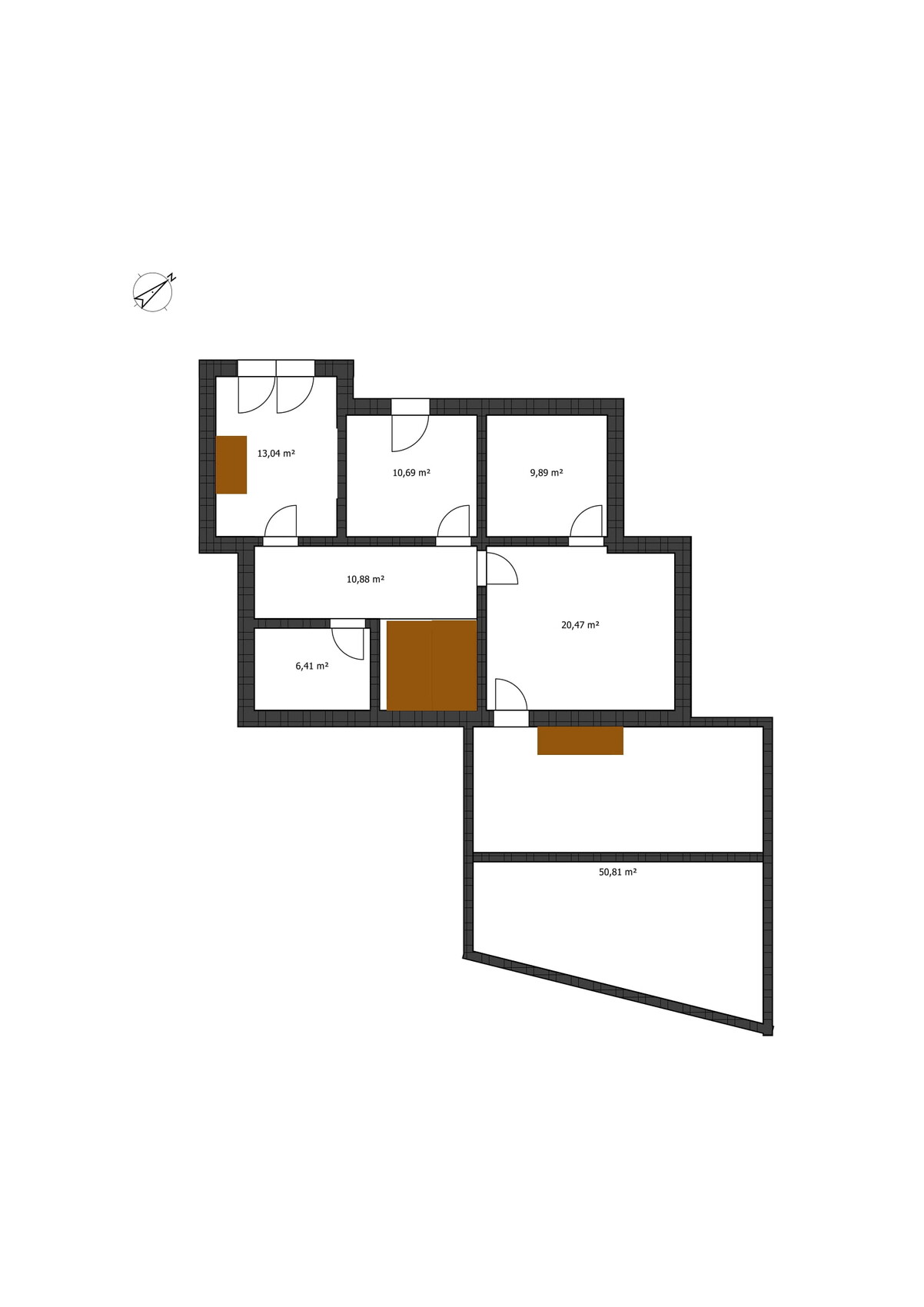 Grundriss eines Hauses mit mehreren Zimmern, Türen und braunen Markierungen; Flächenangaben in m².