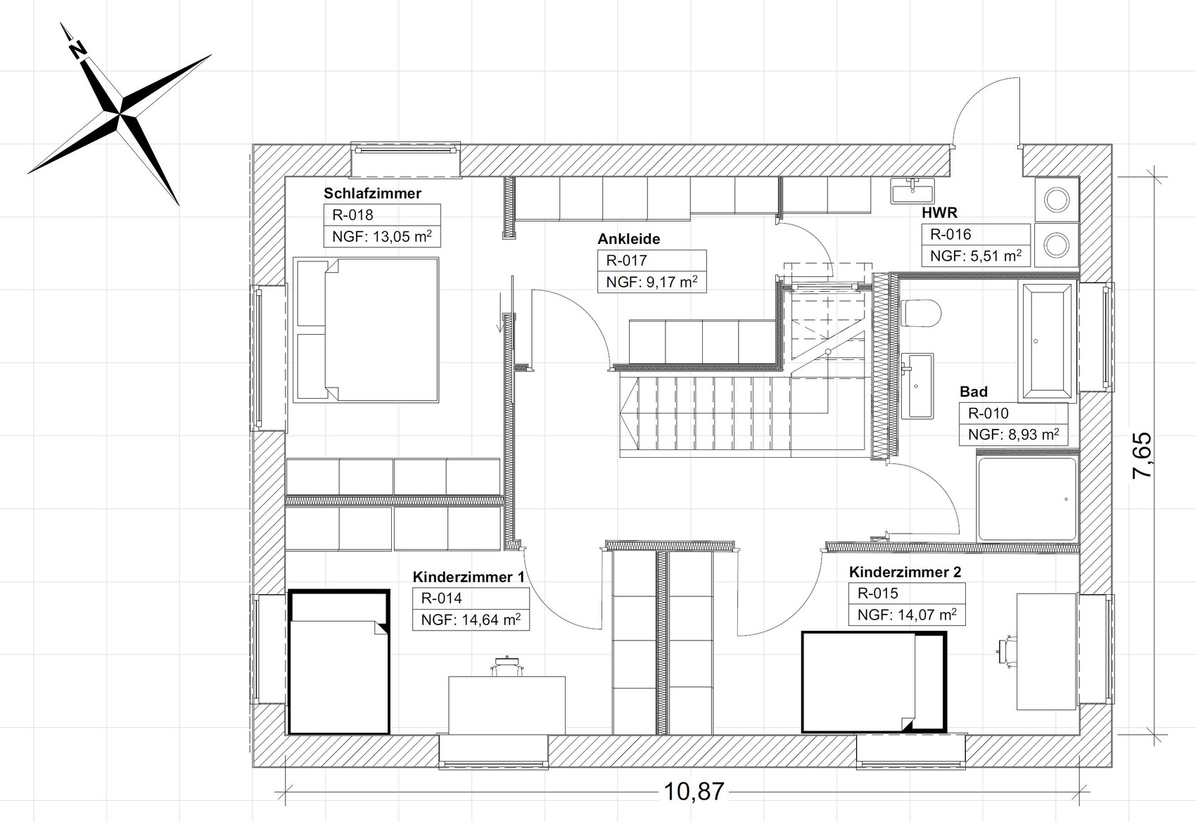 Grundriss eines Hauses: Schlafzimmer, Ankleide, HWR, Bad, Kinderzimmer 1+2, Treppe.