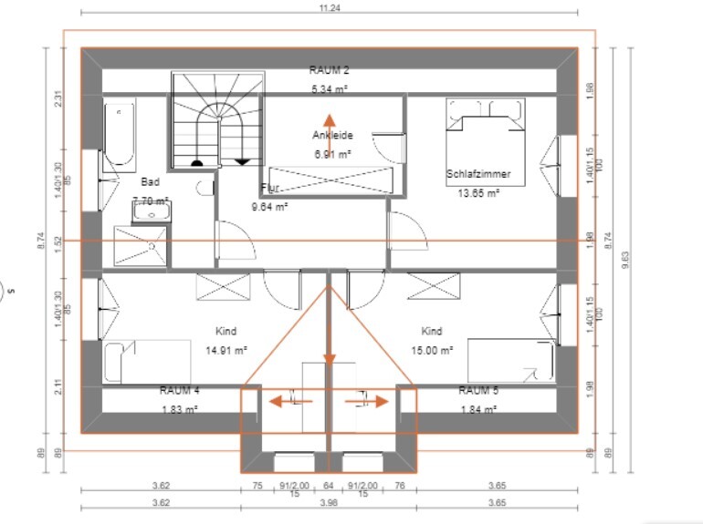Grundriss eines Wohnhauses mit Bad, Ankleide, Schlafzimmer, zwei Kinderzimmer und Flur.