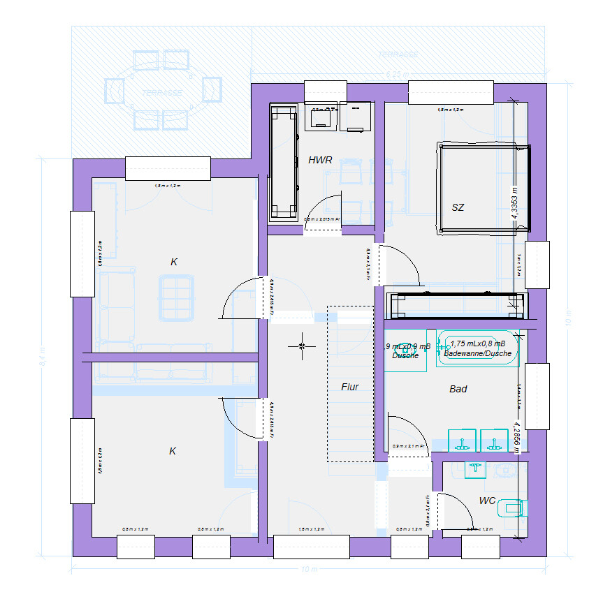 Grundriss eines Hauses: zwei Küchen, Schlafzimmer, Bad, WC, Flur, HWR (Hauswirtschaftsraum).