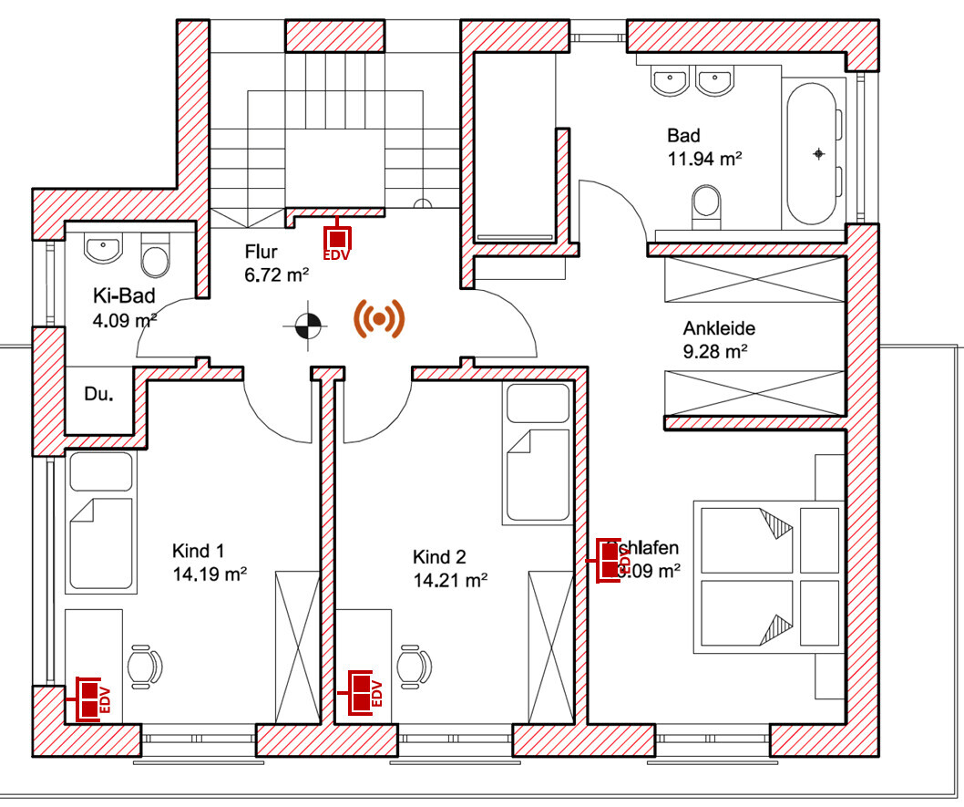 Grundriss eines Wohnhauses mit Flur, Bad, Ankleide, Schlafen, Kind 1 und Kind 2.