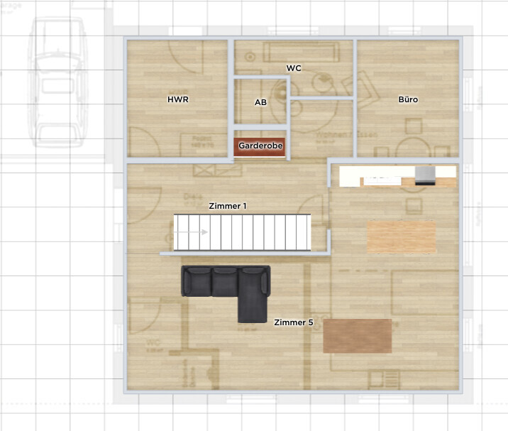 Grundriss eines Hauses: HWR, AB, WC, Garderobe, Büro; Zimmer 1 & 5 mit Sofa und Tisch.