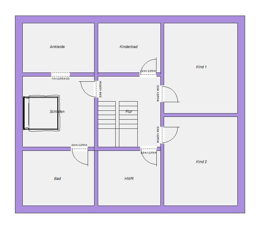 Grundriss eines Hauses mit Treppe: Schlafen, Bad, Flur, HWR, Ankleide, Kind 1, Kind 2, Kinderbad.