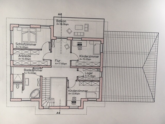 2D-Grundriss eines Hauses mit Schlafzimmer, Badezimmer, Flur, Kinderzimmer und Balkon