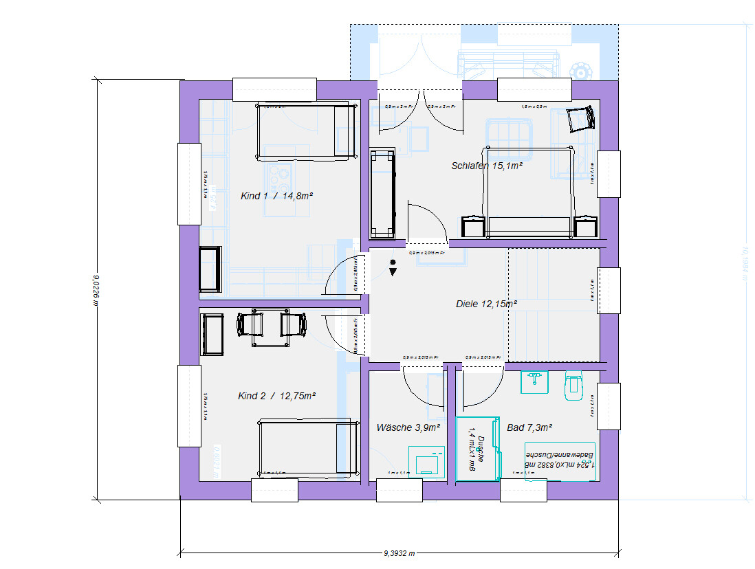 Grundriss eines Einfamilienhauses: Schlafzimmer, zwei Kinderzimmer, Diele, Bad und Wäsche.