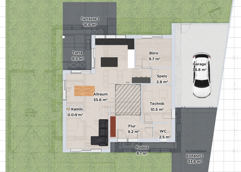 Grundriss eines Hauses mit Terrasse, Garage, Garten, Allraum, Küche, Büro und Technik