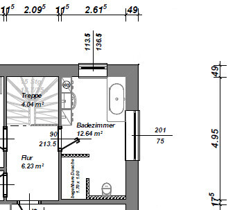 2D-Grundrissplan eines Hauses mit Treppe, Flur und Badezimmer