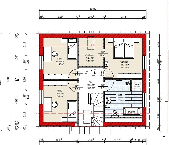 Grundriss eines Hauses (Obergeschoss): Schlafzimmer, zwei Kinderzimmer, Bad, Flur, Treppe.