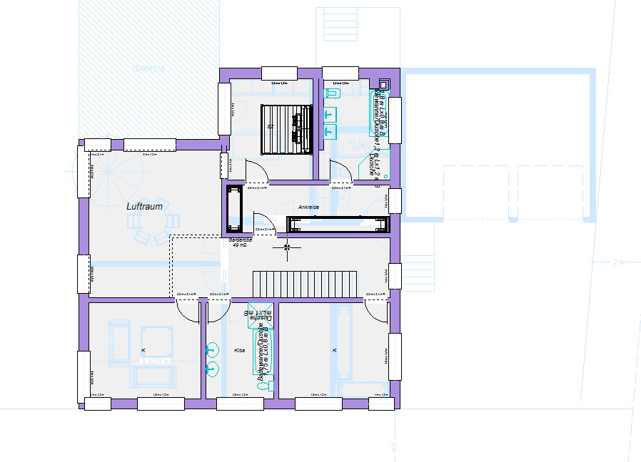 Grundriss eines Wohnplans: Treppenhaus, Flur, Schlafzimmer, Küche, Bad, Ankleide, Luftraum.