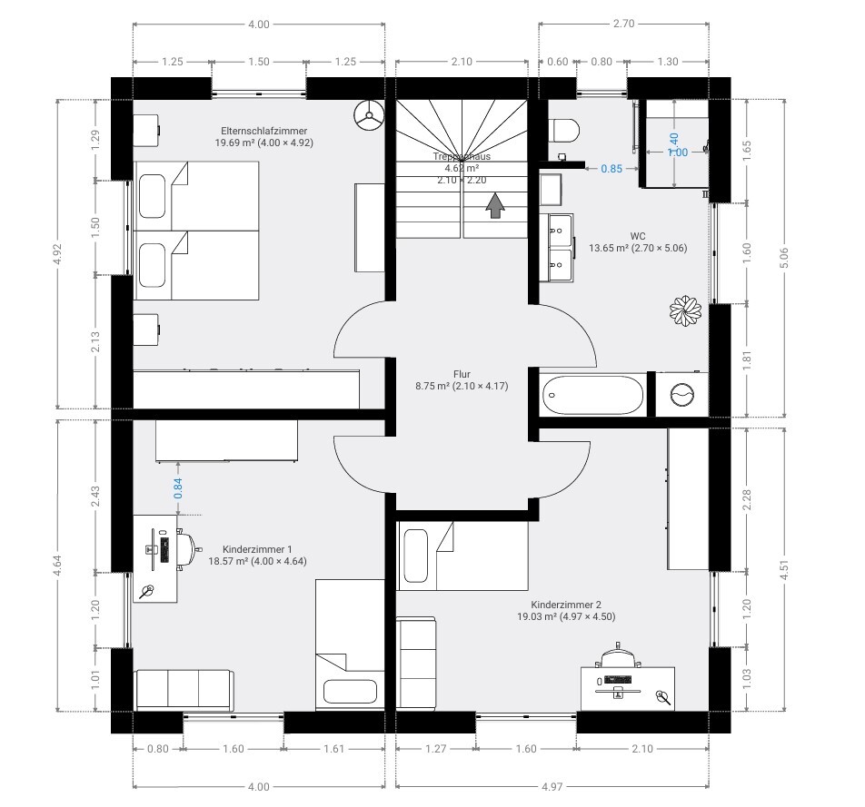 2D-Grundriss eines Hauses mit Flur, Treppenhaus, Elternschlafzimmer und Kinderzimmern