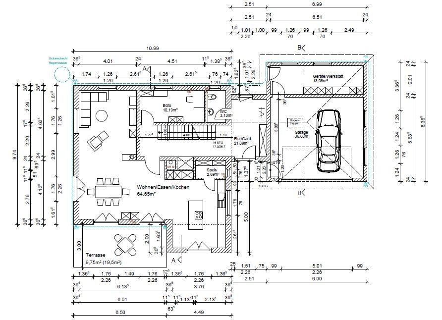2D-Grundriss eines Wohnhauses mit Garage, Terrasse und offener Wohnküche