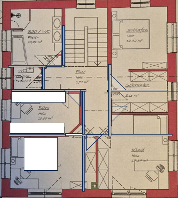 2D-Hausgrundriss mit Flur, Treppenhaus, Bad, Schlafzimmer, Kindzimmer und Küche