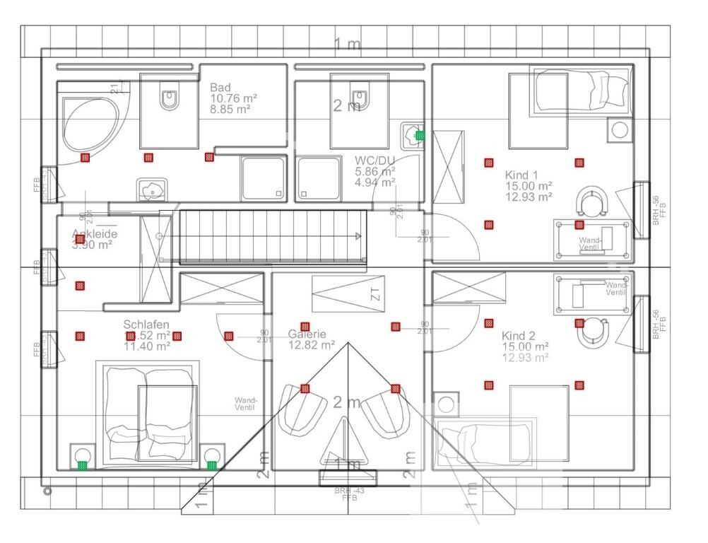 Grundriss eines Hauses: Schlafzimmer, Bad, WC, Galerie, zwei Kinderzimmer, Flur.