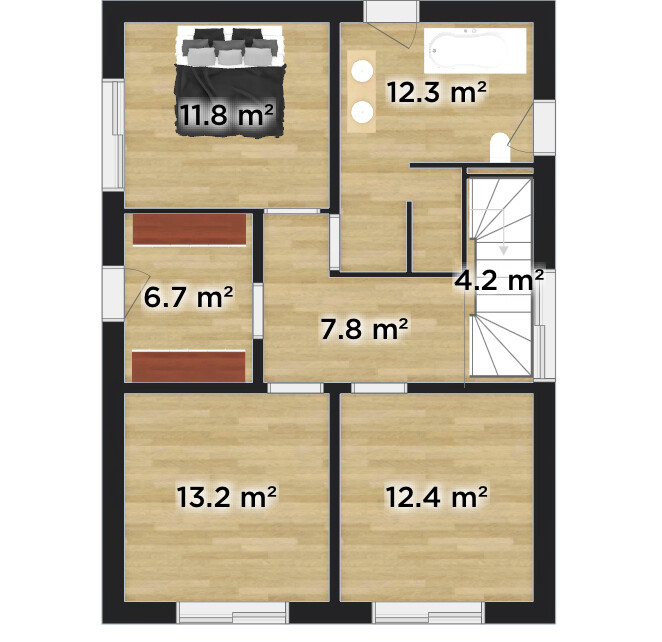 Zweidimensionaler Hausgrundriss mit mehreren Zimmern, Flur und Treppen, Größenangaben in m²