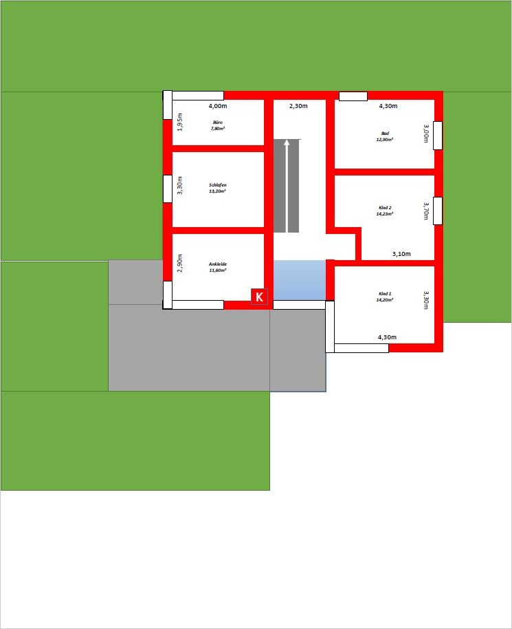 Grundriss eines Hauses mit roten Wänden; links Büro/Schlafen/Ankleide; rechte Räume Bad/Kind 1/2.