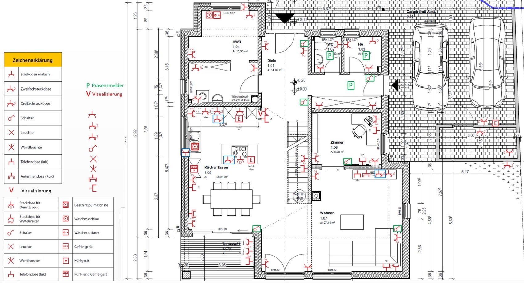 Grundriss eines Wohnhauses: Küche/Essen, Wohnen, Garage, Terrasse, Diele, Symbollegende links