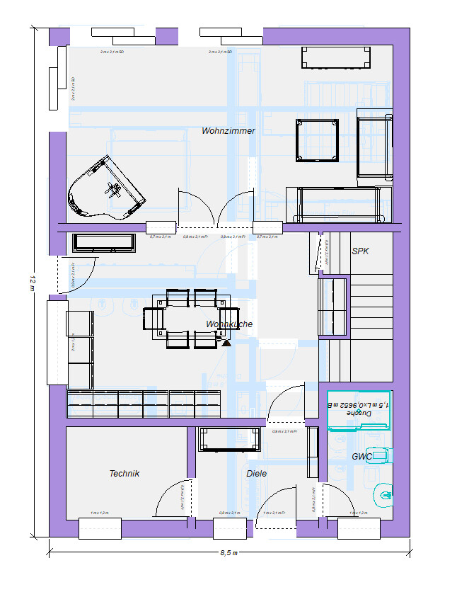 Grundriss des Erdgeschosses: Wohnzimmer, Wohnküche, Technik, Diele, SPK, Bad.