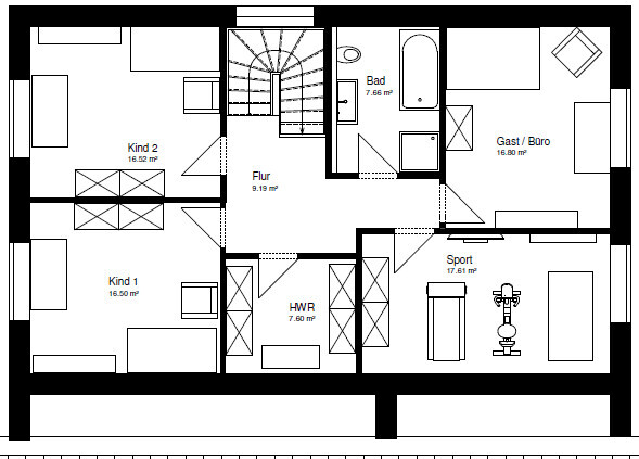 Grundriss eines Hauses: Treppe, Flur, Bad, Gästezimmer/Büro, zwei Kinderzimmer, HWR, Sportzimmer.