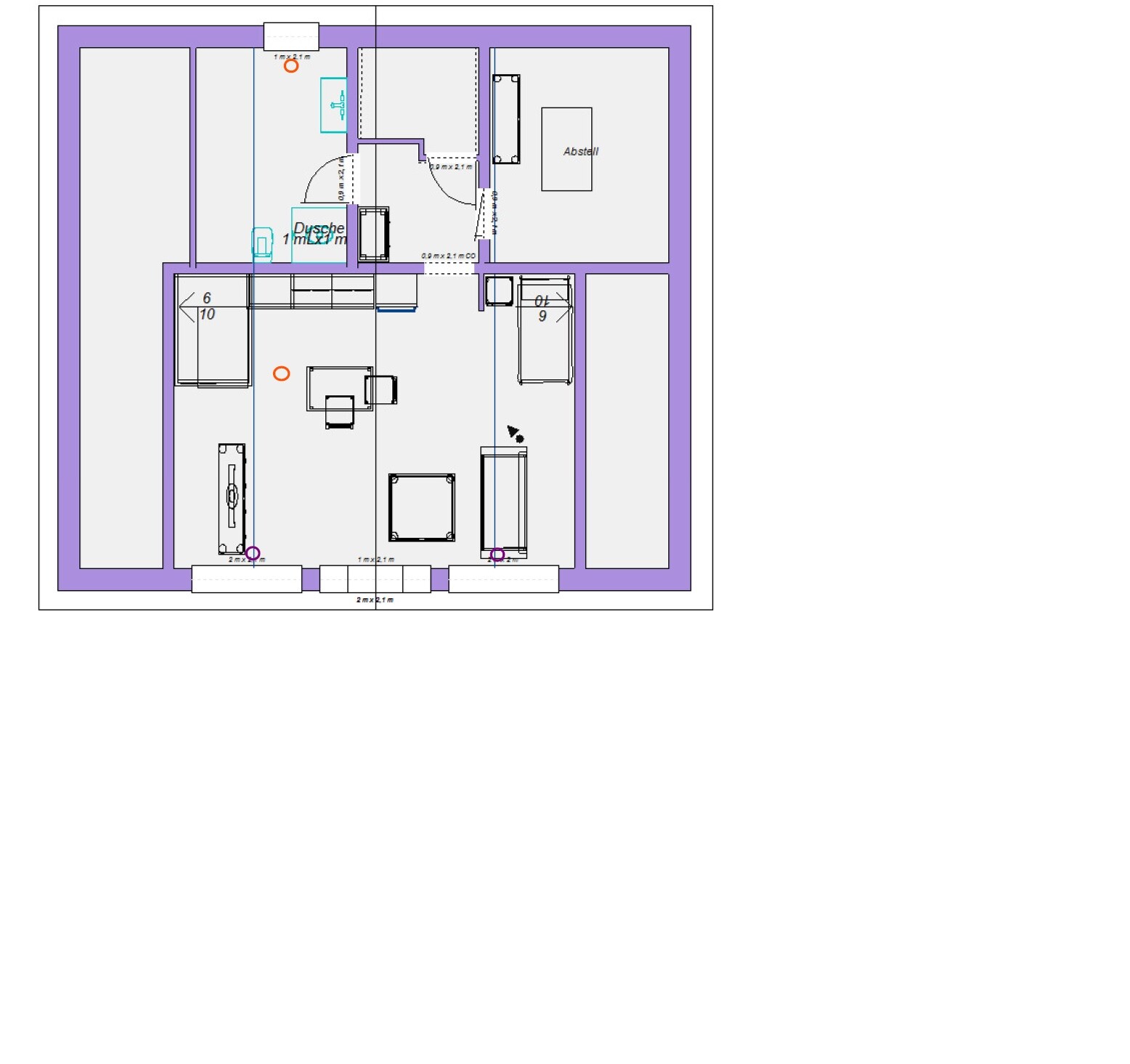 Grundriss eines Apartments: Wohnzimmer mit Sofa und Tisch, Bad mit Dusche, Abstellraum.