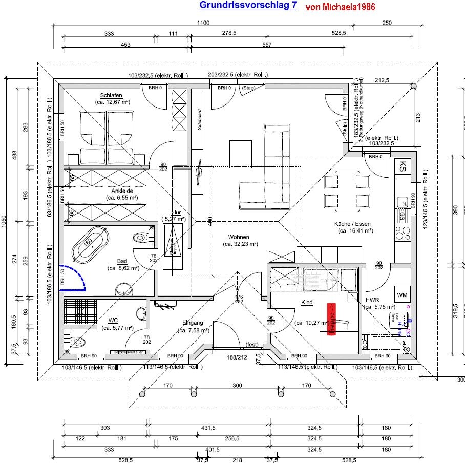 Grundriss eines Einfamilienhauses mit Schlafzimmer, Bad, Küche, Wohnzimmer, Kinderzimmer, Flur