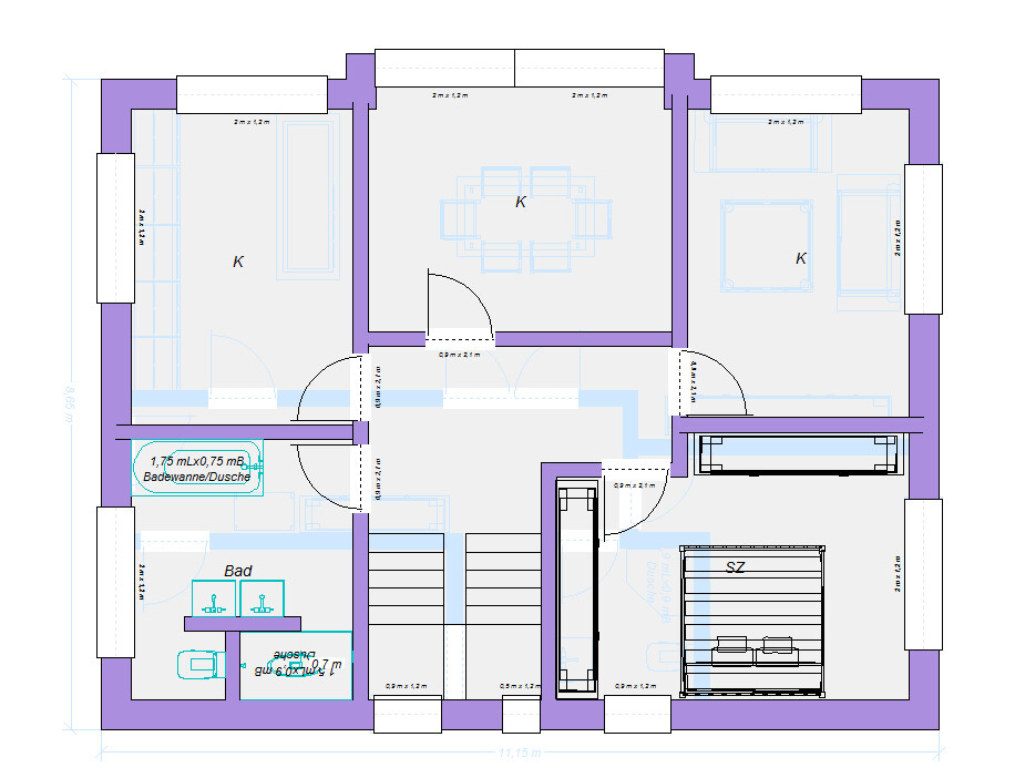 Grundriss eines Hauses von oben: Bad, SZ-Schlafzimmer, drei K-Räume, Treppenhaus.
