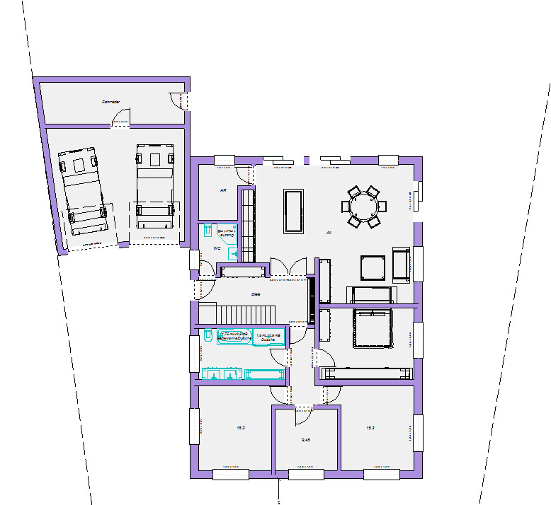 Grundriss eines Hauses: linke Doppelgarage, offener Wohn-/Essbereich rechts, Küche, Schlafzimmer.
