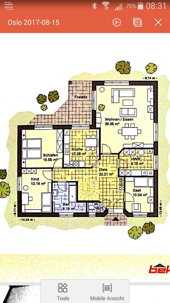 Grundriss eines Einfamilienhauses: Wohnen/Essen, Küche, Bad, Schlafen, Kind, Gast, HWR, Terrasse.