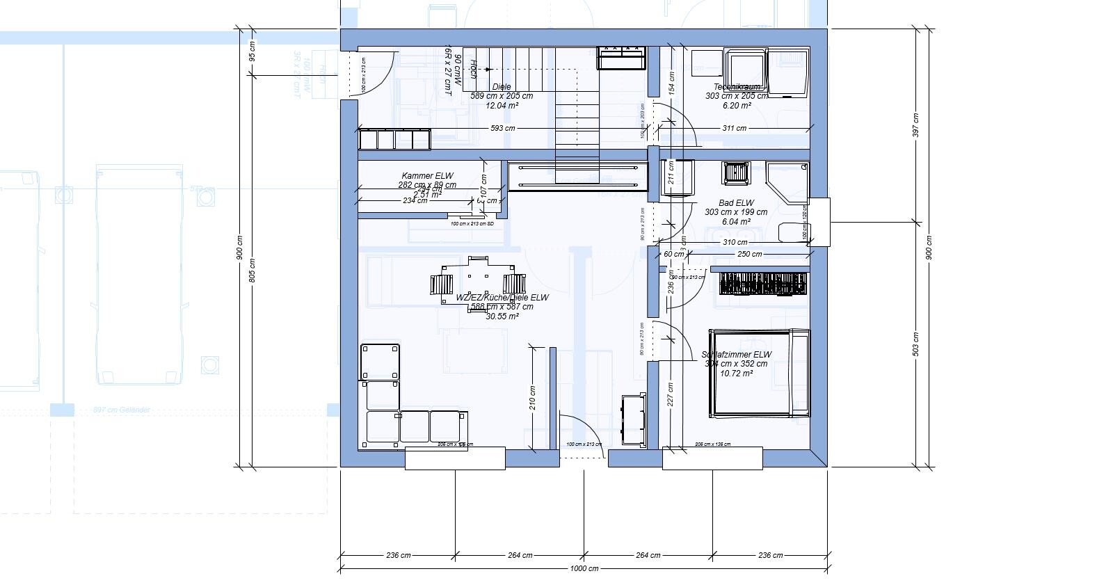 Grundriss einer Einliegerwohnung mit Küche, Wohnzimmer, Bad, Schlafzimmer, Treppen, Maßen in cm.